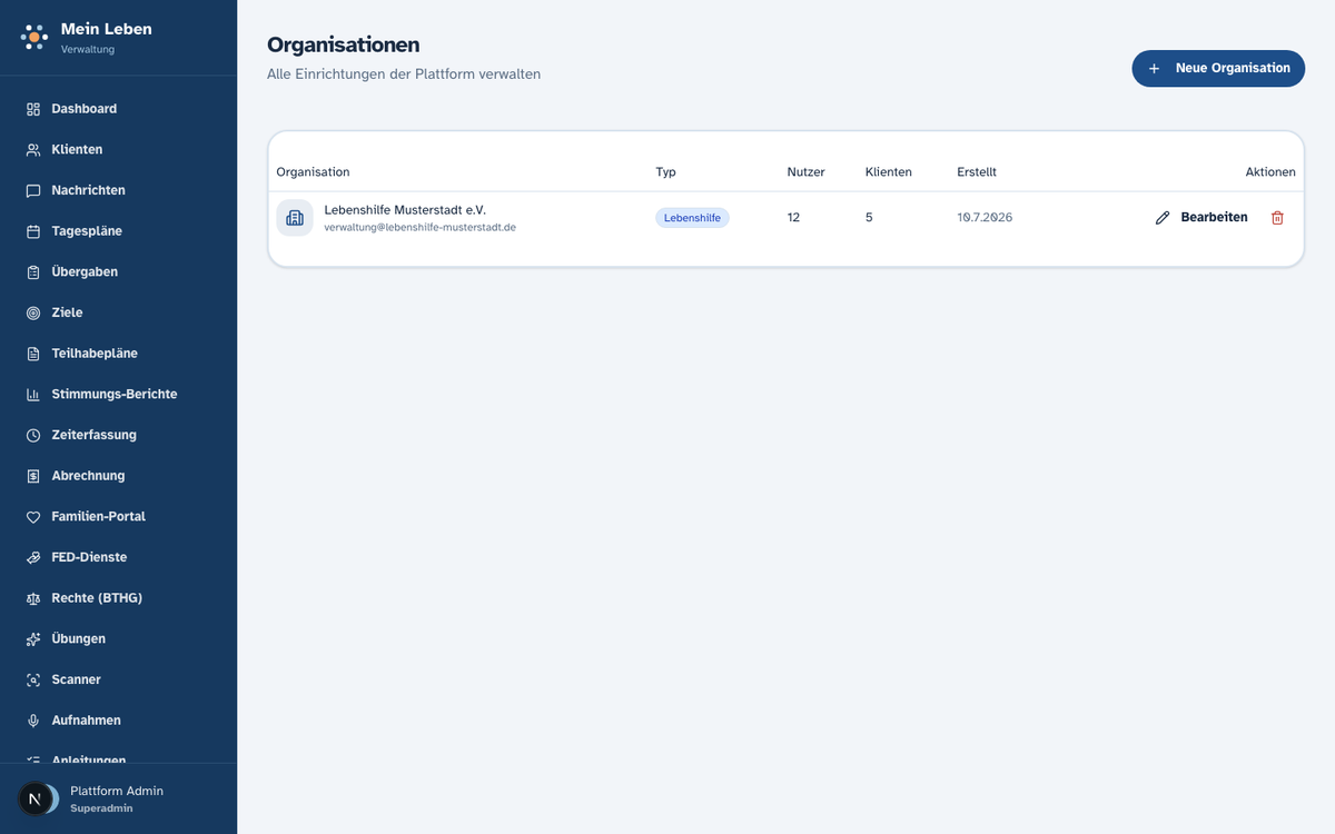 Organisationen verwalten (Plattform-Administration) in der Web-App